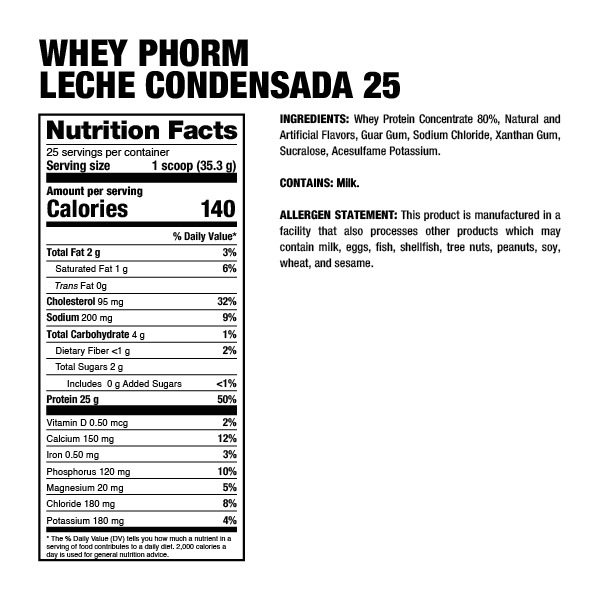 Información nutricional e ingredientes de proteína Whey Phorm Dragon Pharma Leche Condensada
