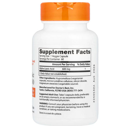 Doctor's Best Ácido Alfa Lipoico 600mg | 60 Cápsulas Vegetales