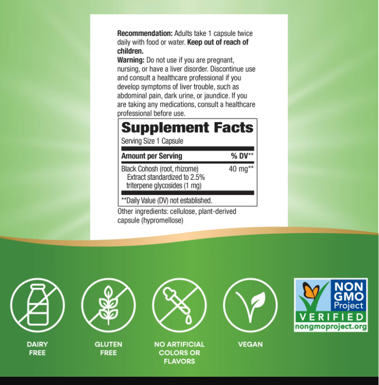 Nature's Way Black Cohosh 40mg | 120 Cápsulas Veganas | Menopausia