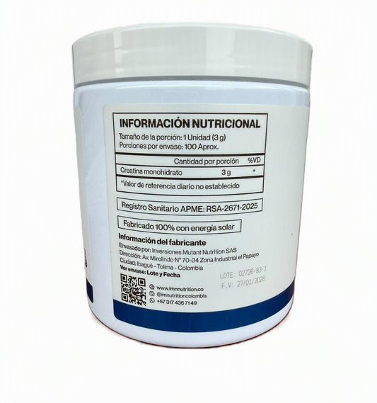 Creatina Monohidrato Creapure IMN Lab 300g – Información Nutricional