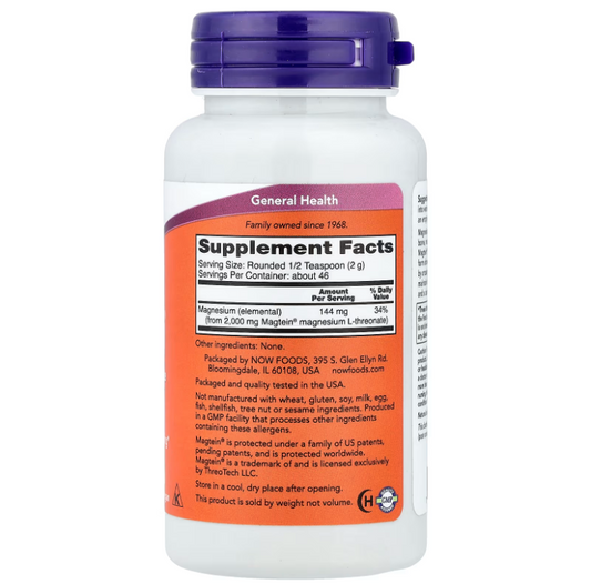 NOW Foods Magtein® Magnesio L-Treonato en Polvo | 91g | ~46 Porciones