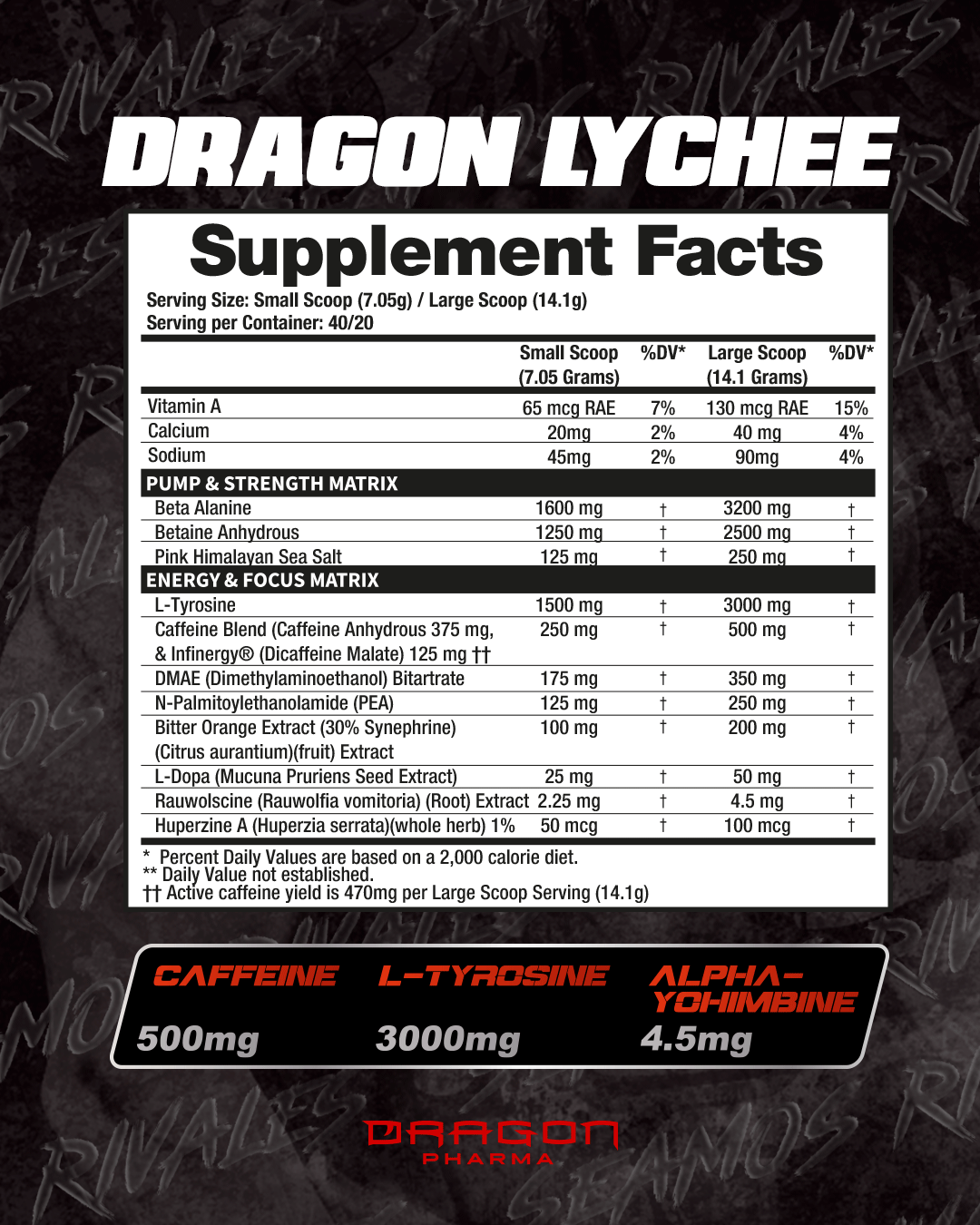 Tabla Supplement Facts del Dragon Pharma Venom Inferno Dragon Lychee