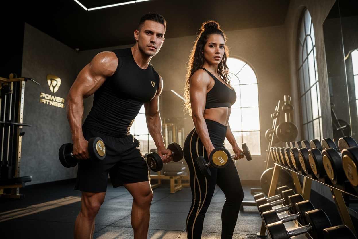 Ganar músculo - pareja entrenando con mancuernas en gimnasio premium