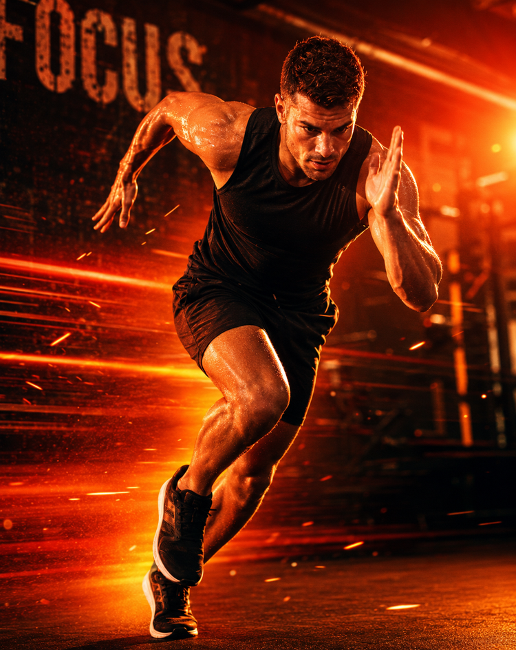 Energía y rendimiento - atleta en plena explosión de velocidad