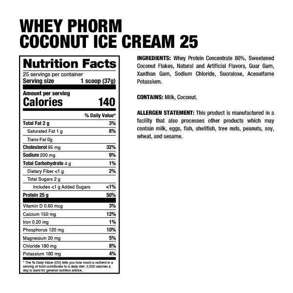Información nutricional e ingredientes de proteína Whey Phorm Coconut Ice Cream