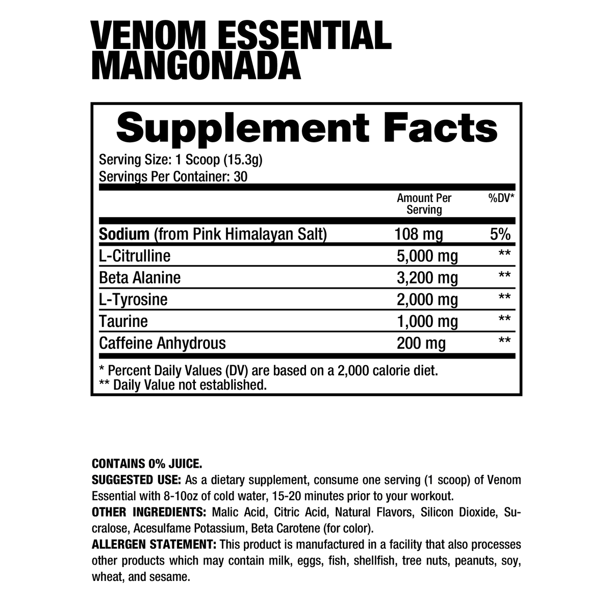 Información nutricional, ingredientes y modo de uso de Dragon Pharma Venom Essential Mangonada