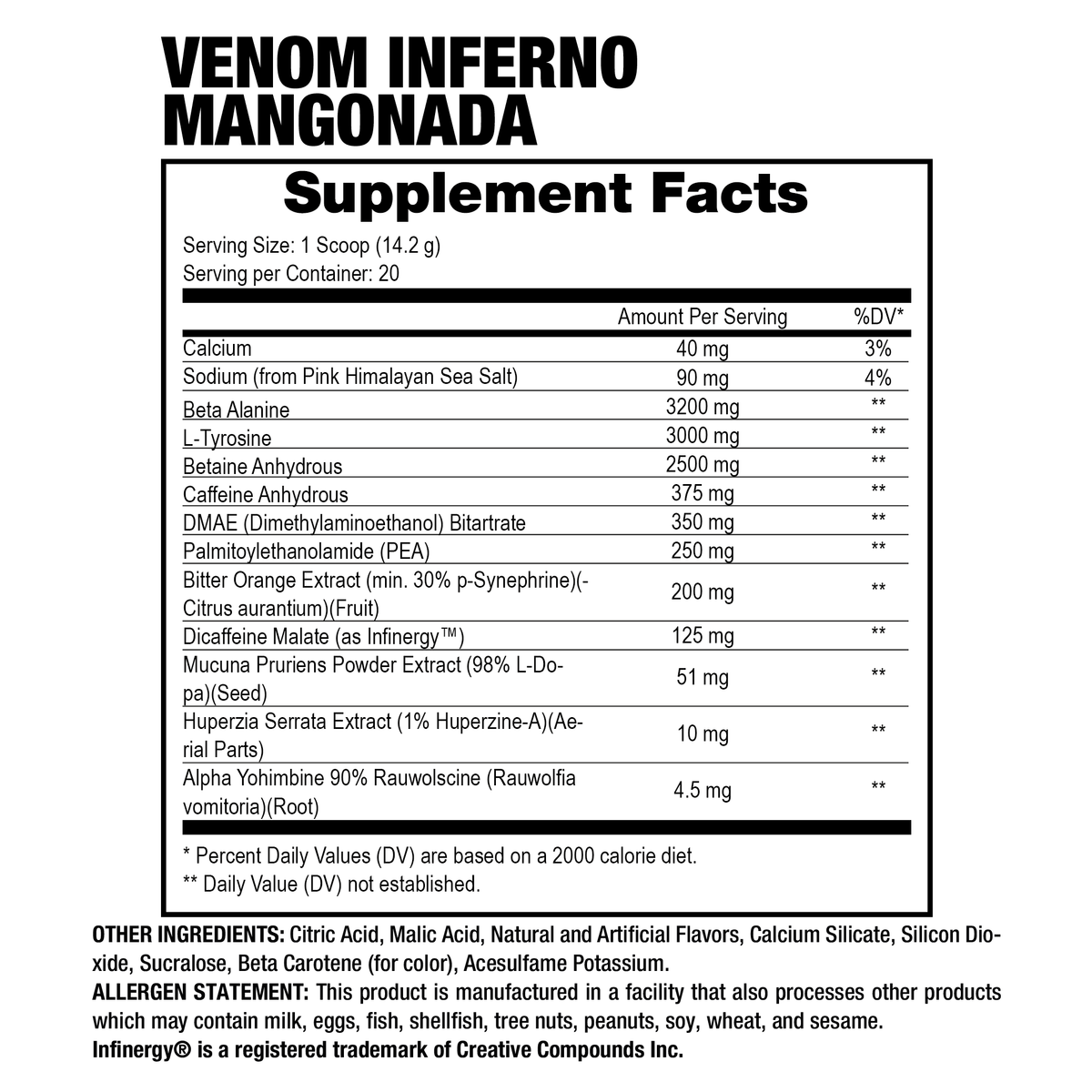 Tabla Supplement Facts de Dragon Pharma Venom Inferno Mangonada