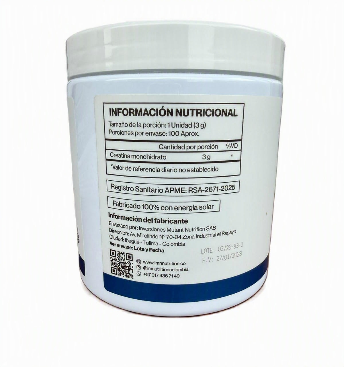 Creatina Monohidrato Creapure IMN Lab 300g – Información Nutricional
