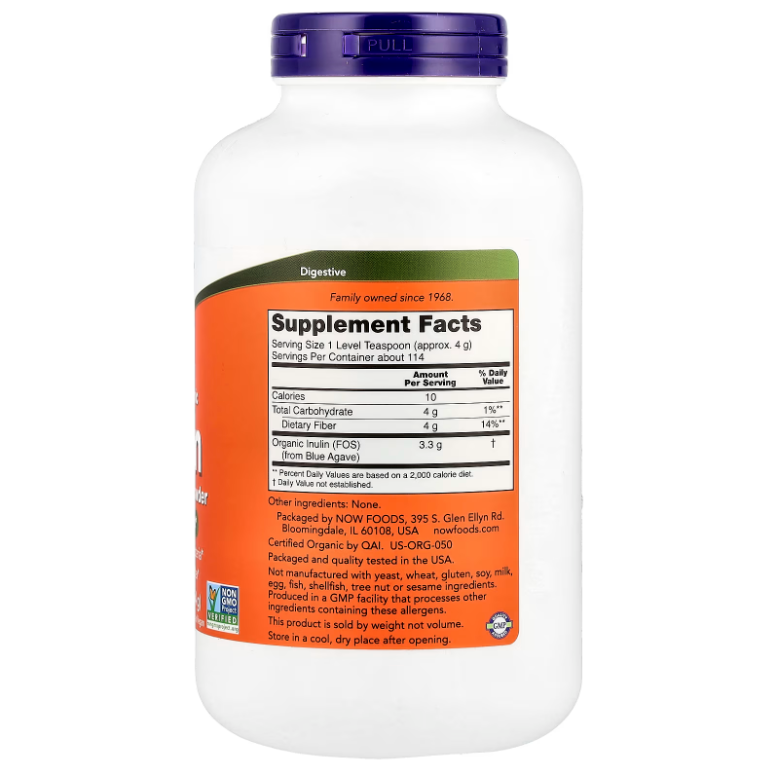 NOW Foods Inulina Orgánica Certificada Polvo Prebiótico | 454g | ~114 Porciones