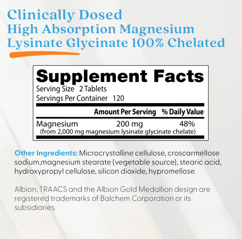 Doctor's Best Magnesio Alta Absorción Glicinato Lisinato Albion® TRAACS® | 200mg | 240 Tabletas