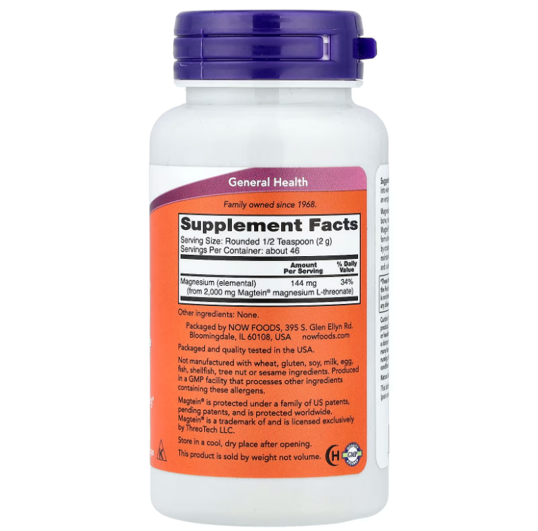 NOW Foods Magtein® Magnesio L-Treonato en Polvo | 91g | ~46 Porciones