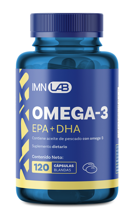 Frasco IMN LAB Omega 3 EPA DHA de 120 cápsulas, vista frontal