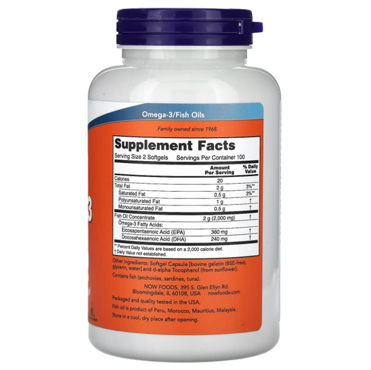 NOW Foods Omega-3 Aceite de Pescado 1000mg | 200 Cápsulas Blandas | 180 EPA / 120 DHA