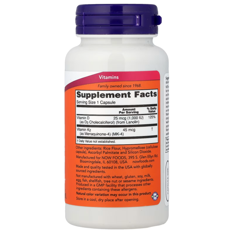 NOW Foods Vitamina D3 & K2 1000 UI / 45 mcg | 120 Cápsulas