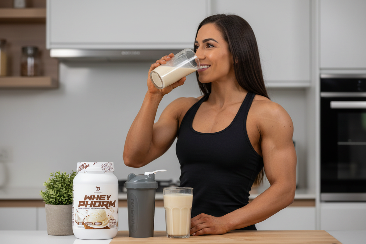 Atleta musculosa tomando proteína Dragon Pharma