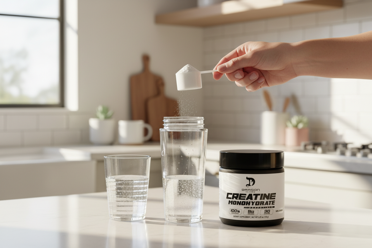 Creatina Dragon Pharma 150 g servida en cocina