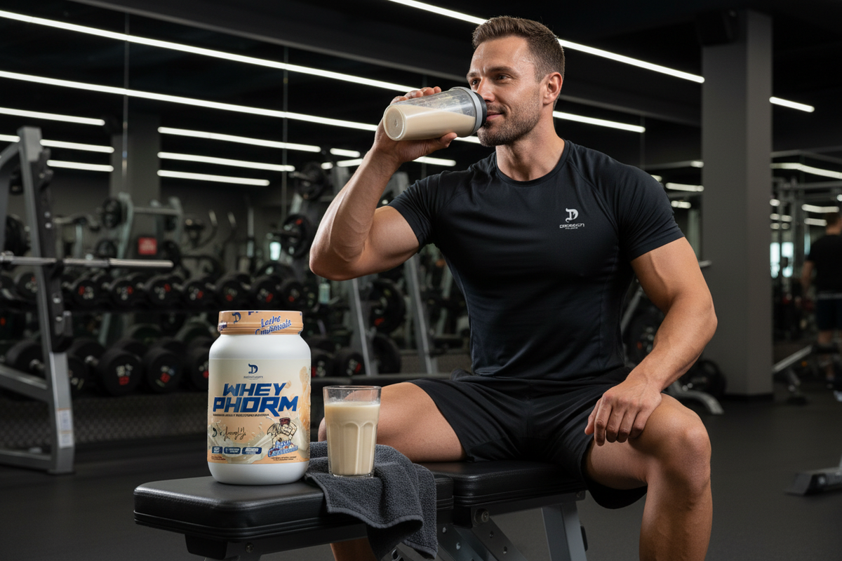 Atleta musculoso tomando proteína Whey Phorm Dragon Pharma sabor Leche Condensada en un gimnasio