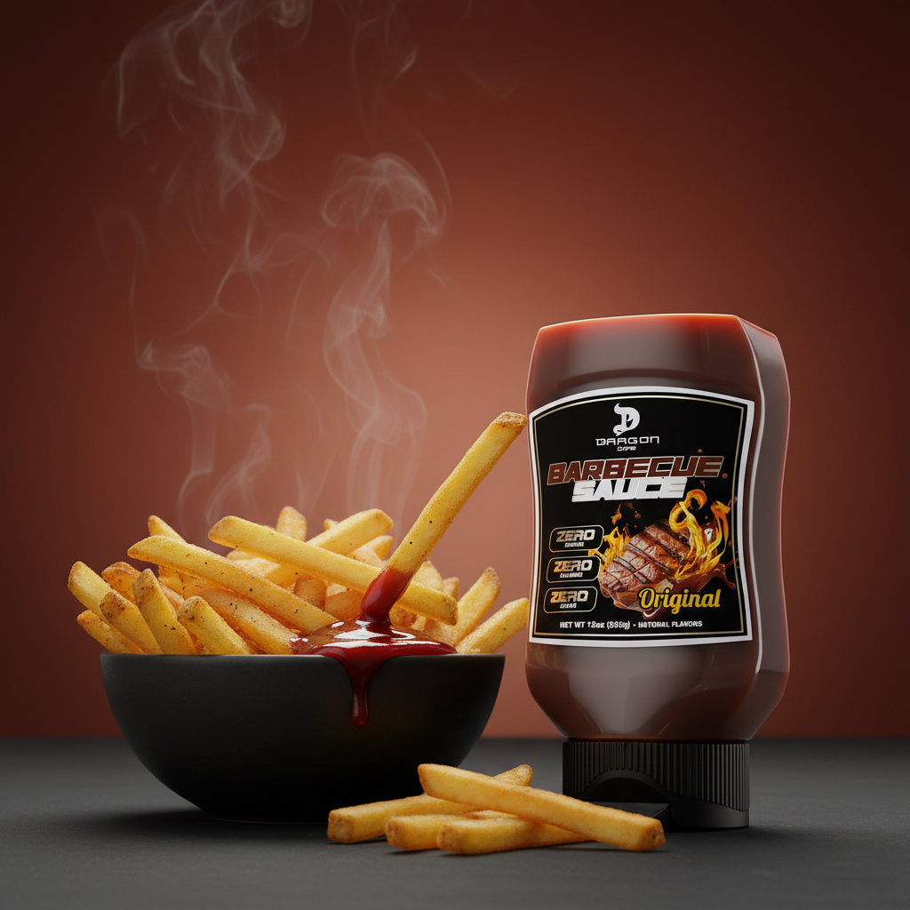 Salsa BBQ Dragon Dips Original con papas fritas doradas