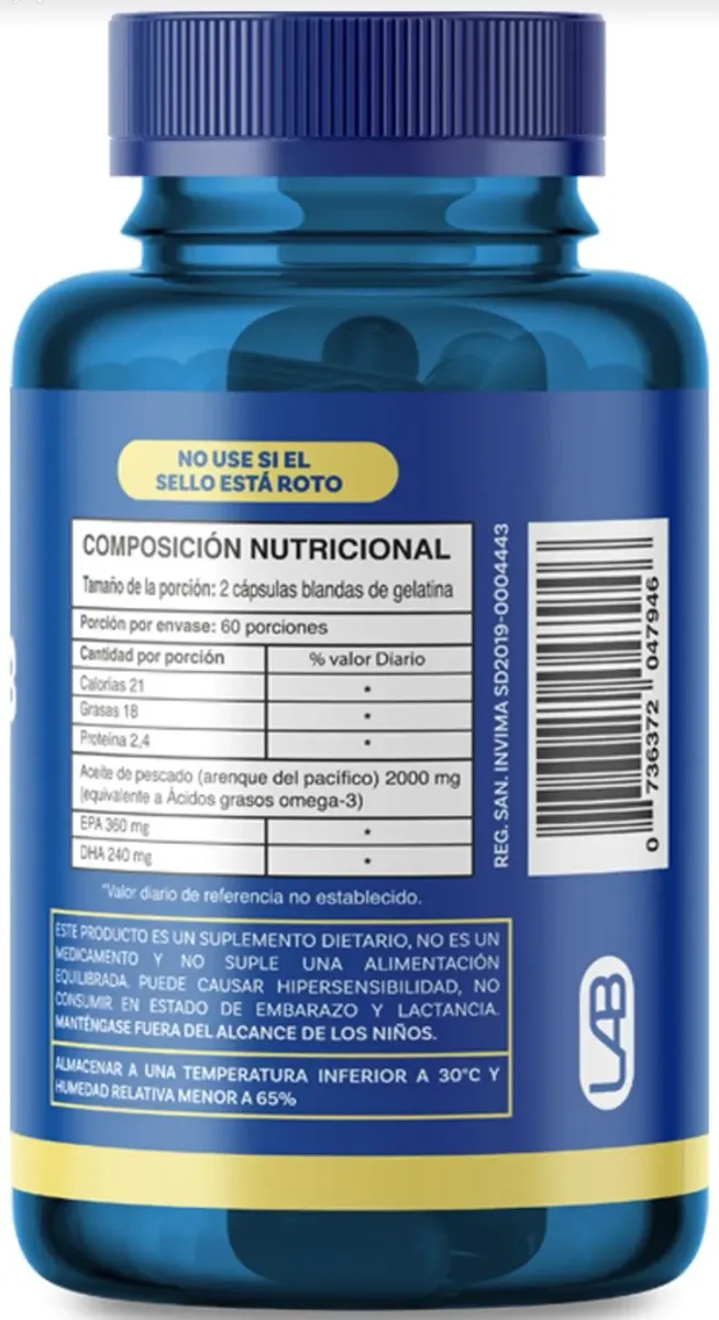 Etiqueta posterior del Omega 3 IMN LAB con información nutricional, EPA y DHA