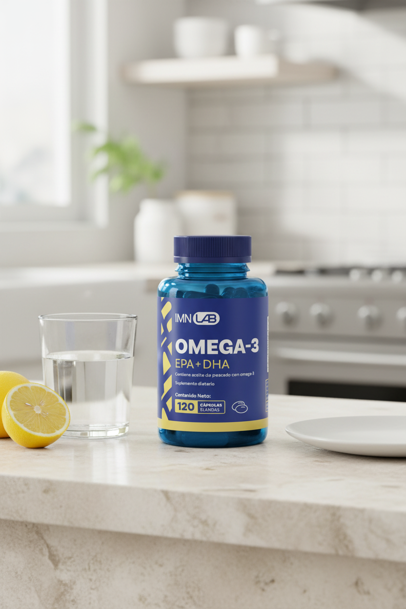 Omega 3 IMN LAB en una cocina luminosa junto a un vaso de agua y limón