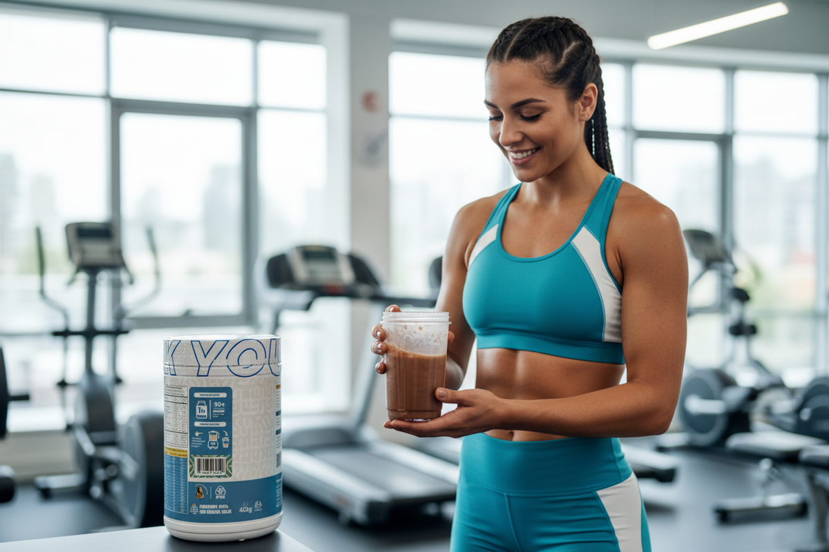 Persona adulta atlética preparando y tomando un batido de IMN Nutrition Essence Whey después del entrenamiento