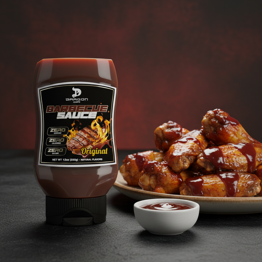 Salsa BBQ Dragon Dips Original con alitas de pollo doradas