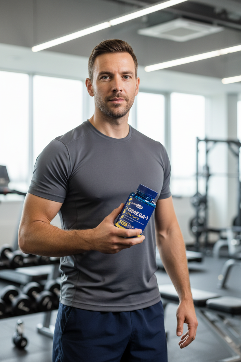 Deportista adulto sosteniendo un frasco IMN LAB Omega 3 EPA DHA de 120 cápsulas en un gimnasio moderno