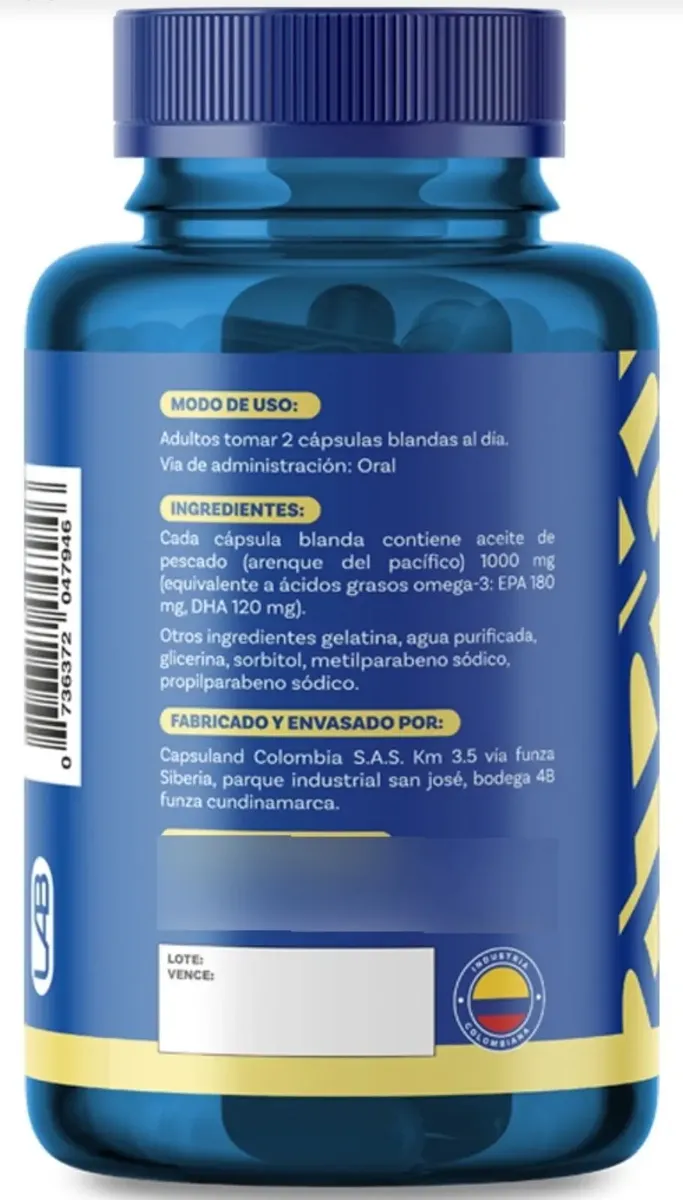 Parte posterior del frasco IMN LAB Omega 3 con modo de uso, ingredientes y datos del fabricante