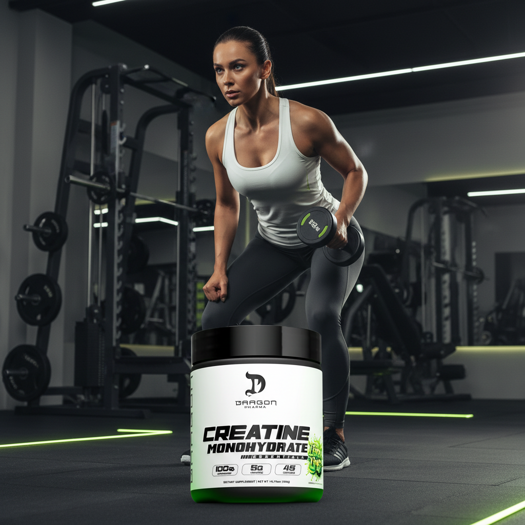 Imagen lifestyle de Dragon Pharma Creatina Lemon Lime con atleta enfocada