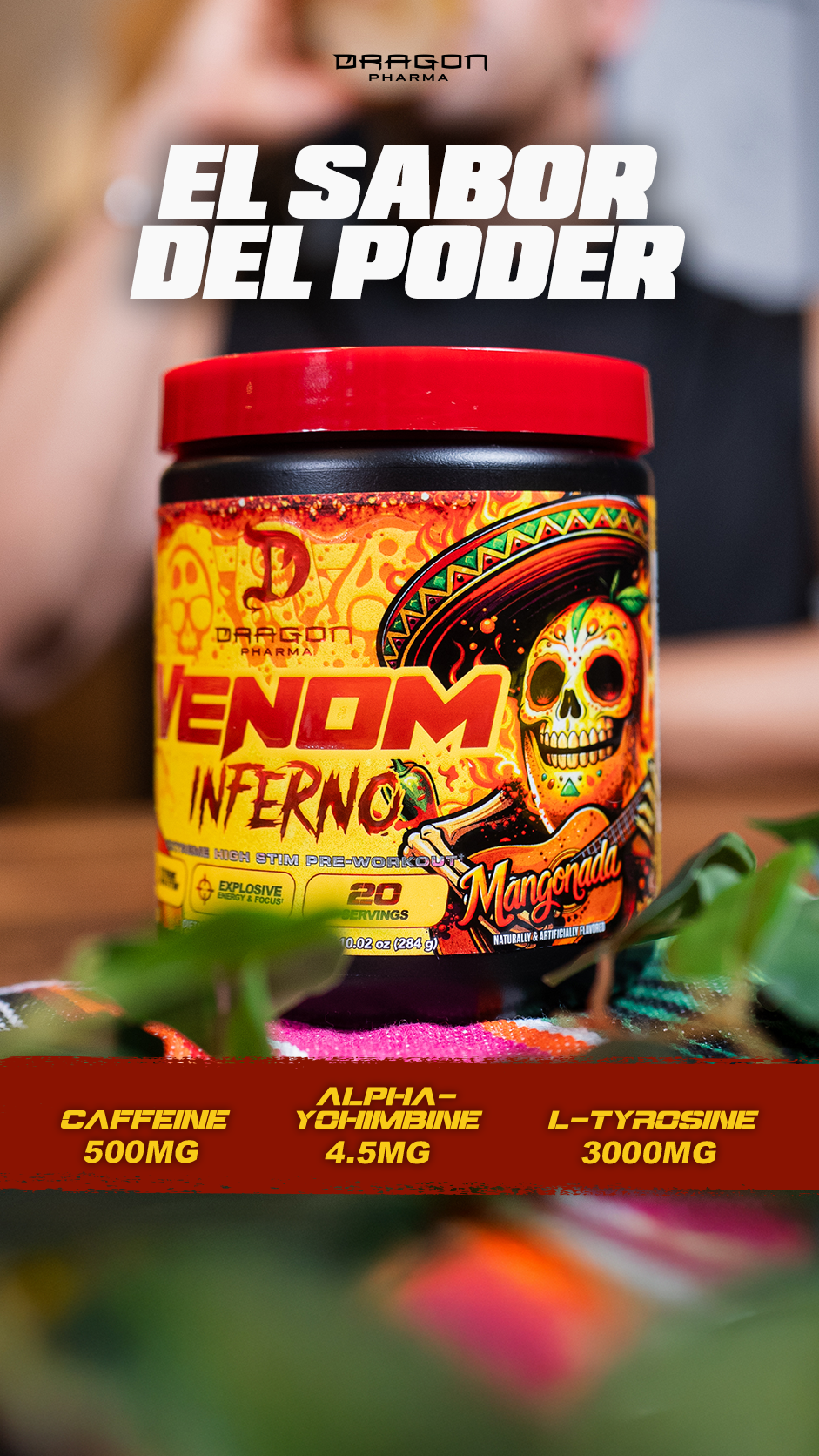 Frasco Dragon Pharma Venom Inferno Mangonada sobre fondo naranja