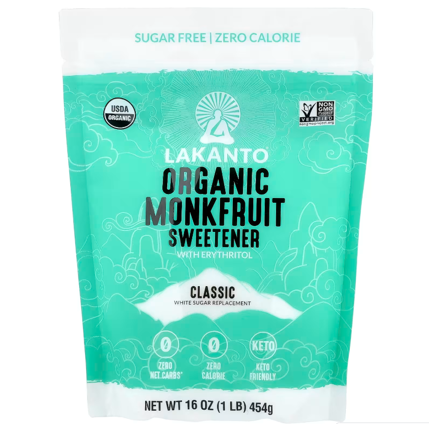 Lakanto Edulcorante Orgánico de Fruto del Monje 454g — frente del envase, USDA Orgánico, Non-GMO, Keto Friendly, cero calorías
