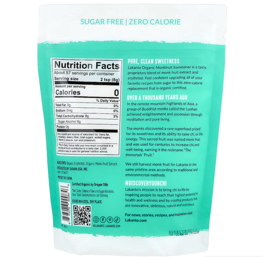 Lakanto Fruto del Monje — tabla nutricional, ingredientes y descripción del producto
